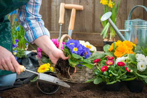 Composting and mulch piles at sustainable gardening area